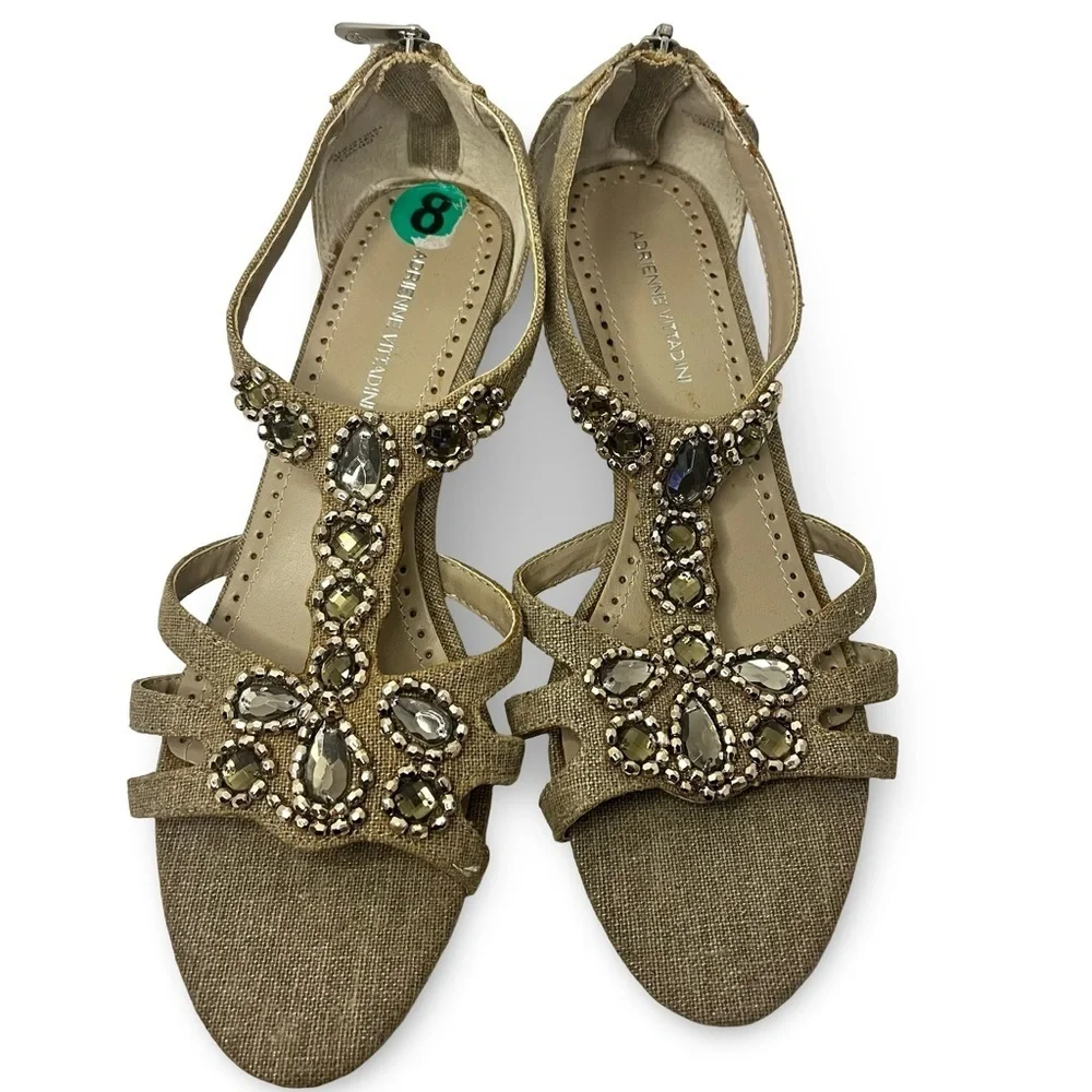 Adrienne Vittadini Natural Linen Jeweled Kitten Wedge Sandals Size 8